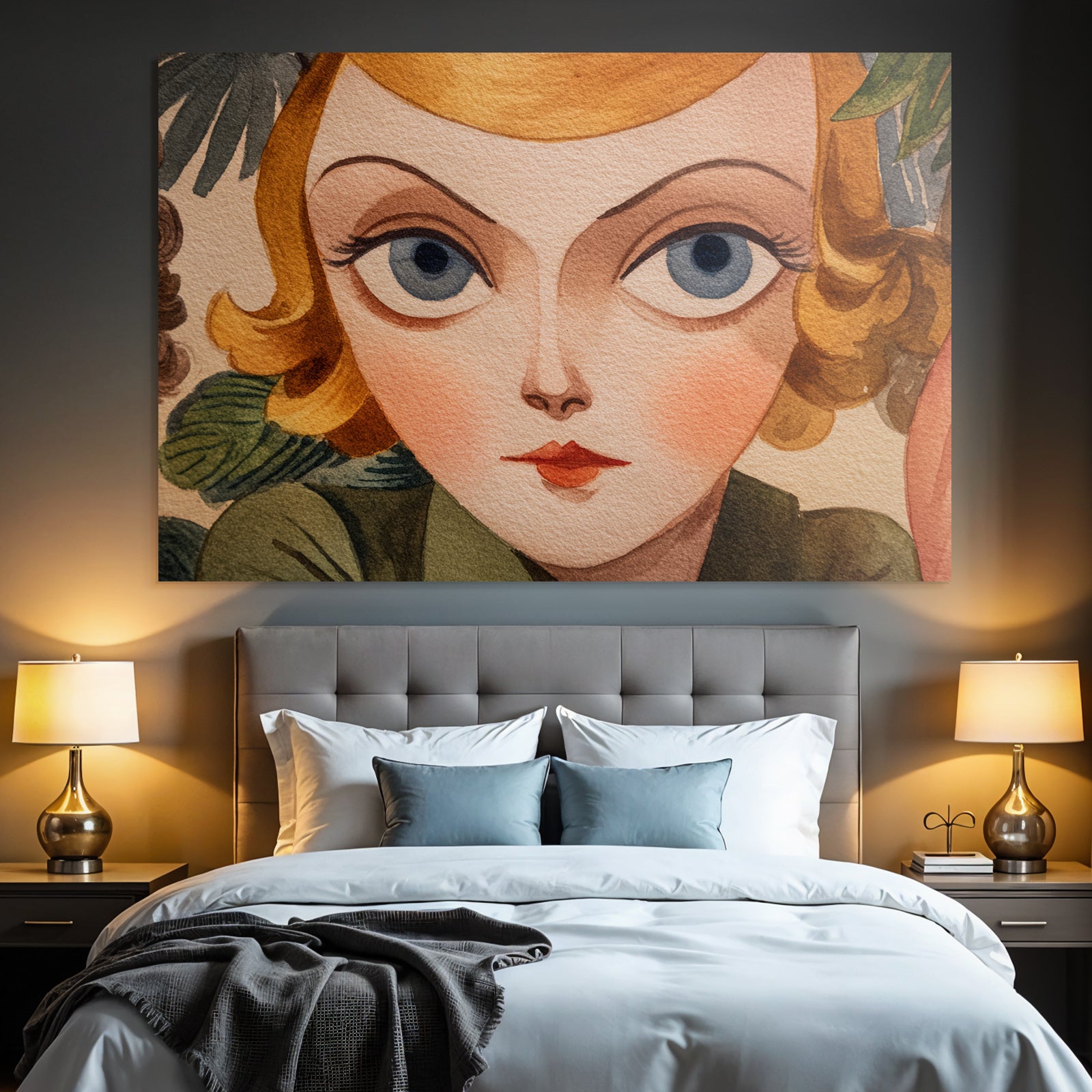 ArtDeco Verspielte Nostalgische Illustration Einer Frau Mit Grossen Blaün Augen