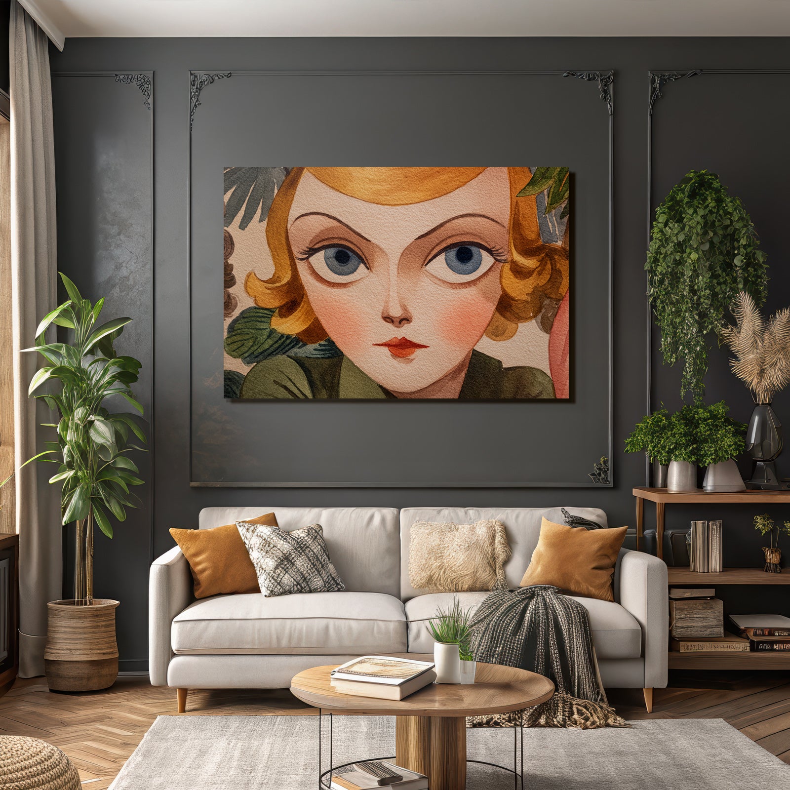 ArtDeco Verspielte Nostalgische Illustration Einer Frau Mit Grossen Blaün Augen