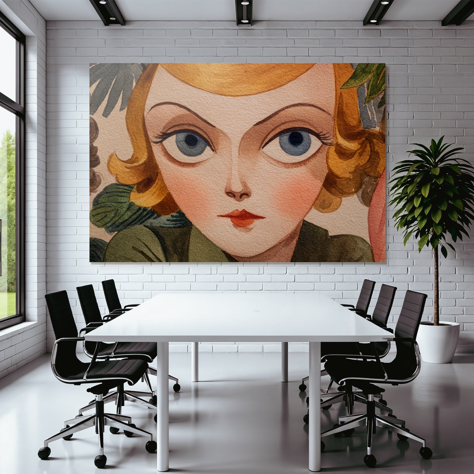 ArtDeco Verspielte Nostalgische Illustration Einer Frau Mit Grossen Blaün Augen