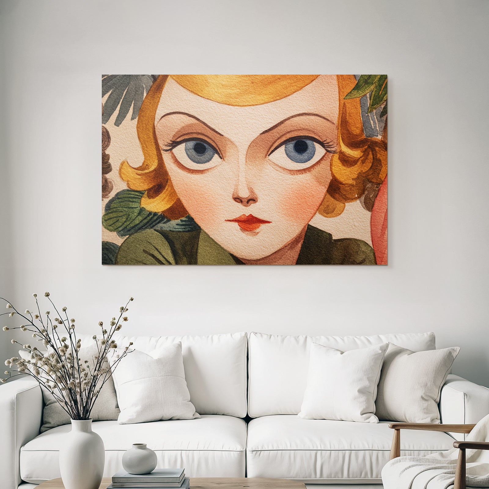 ArtDeco Verspielte Nostalgische Illustration Einer Frau Mit Grossen Blaün Augen