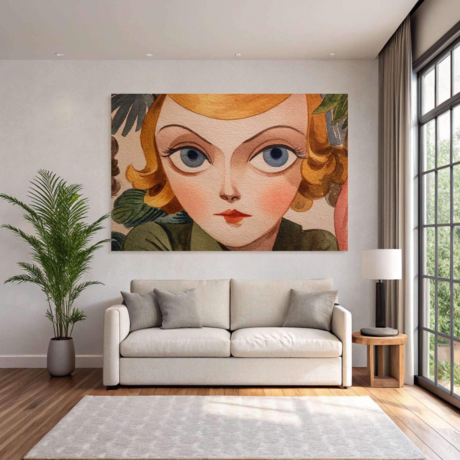 ArtDeco Verspielte Nostalgische Illustration Einer Frau Mit Grossen Blaün Augen
