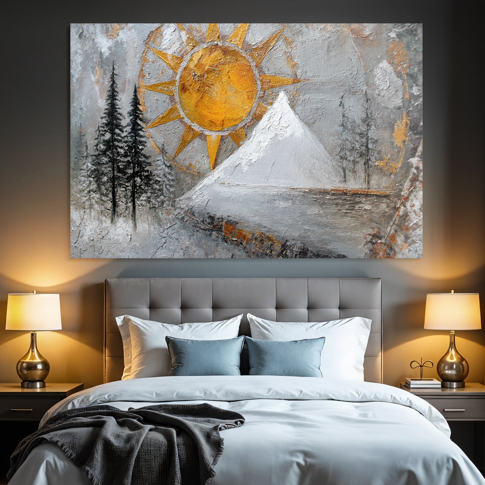 ArtDeco Winterlandschaft Mit Sonnengoldhimmel Dunklen Tannen Und Schneebedecktem Berg