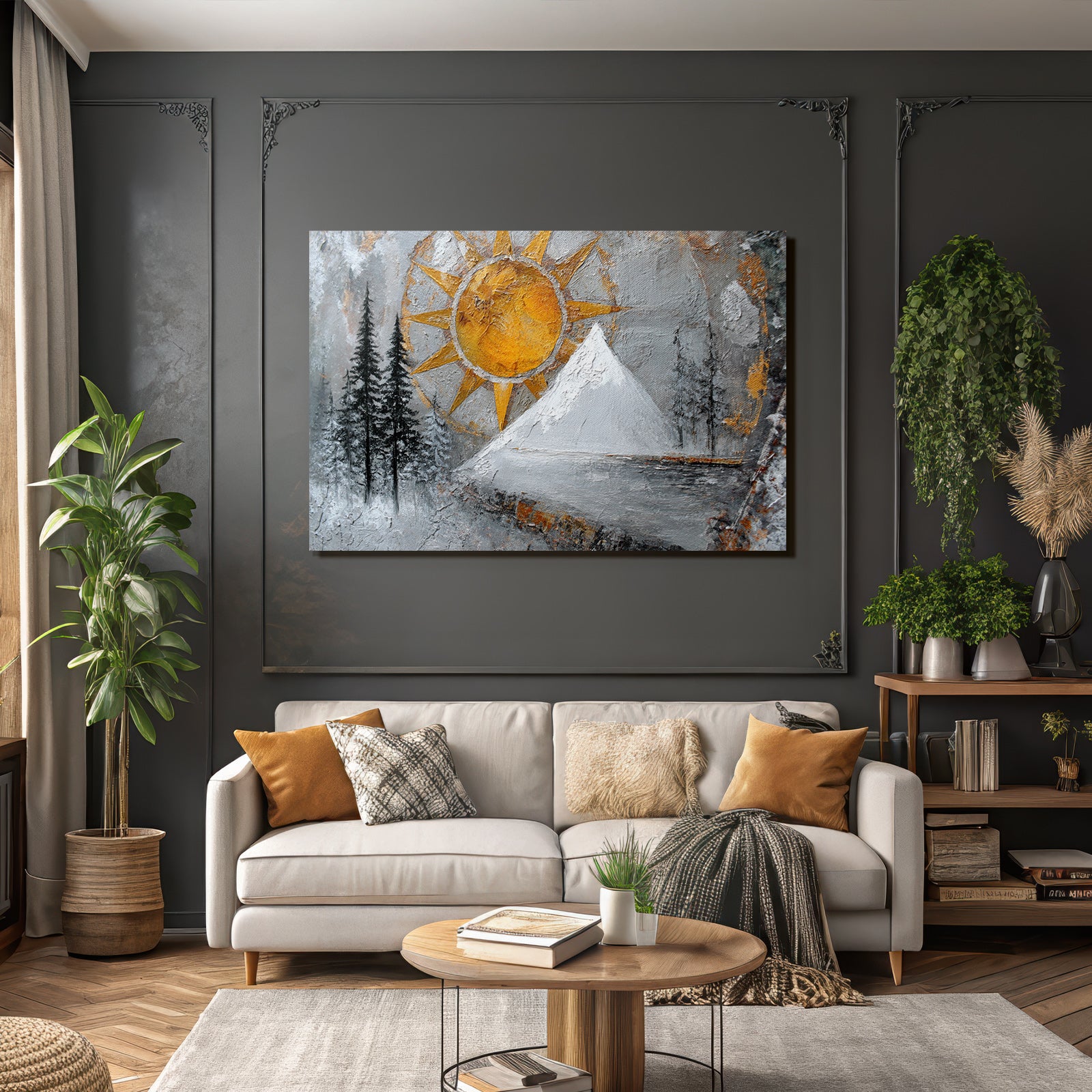 ArtDeco Winterlandschaft Mit Sonnengoldhimmel Dunklen Tannen Und Schneebedecktem Berg