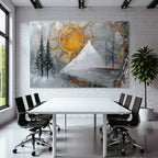 ArtDeco Winterlandschaft Mit Sonnengoldhimmel Dunklen Tannen Und Schneebedecktem Berg