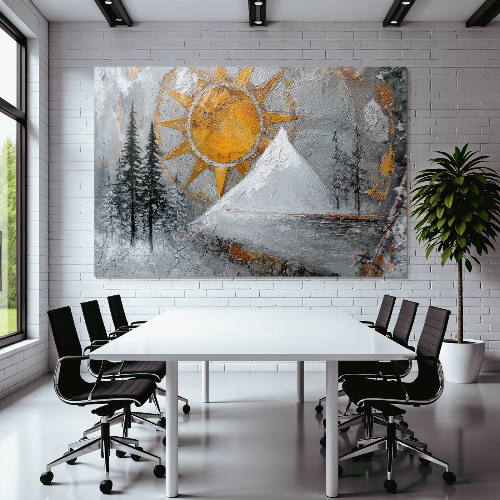 ArtDeco Winterlandschaft Mit Sonnengoldhimmel Dunklen Tannen Und Schneebedecktem Berg