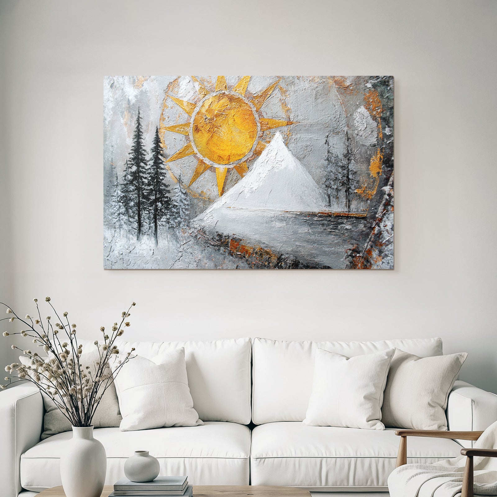 ArtDeco Winterlandschaft Mit Sonnengoldhimmel Dunklen Tannen Und Schneebedecktem Berg