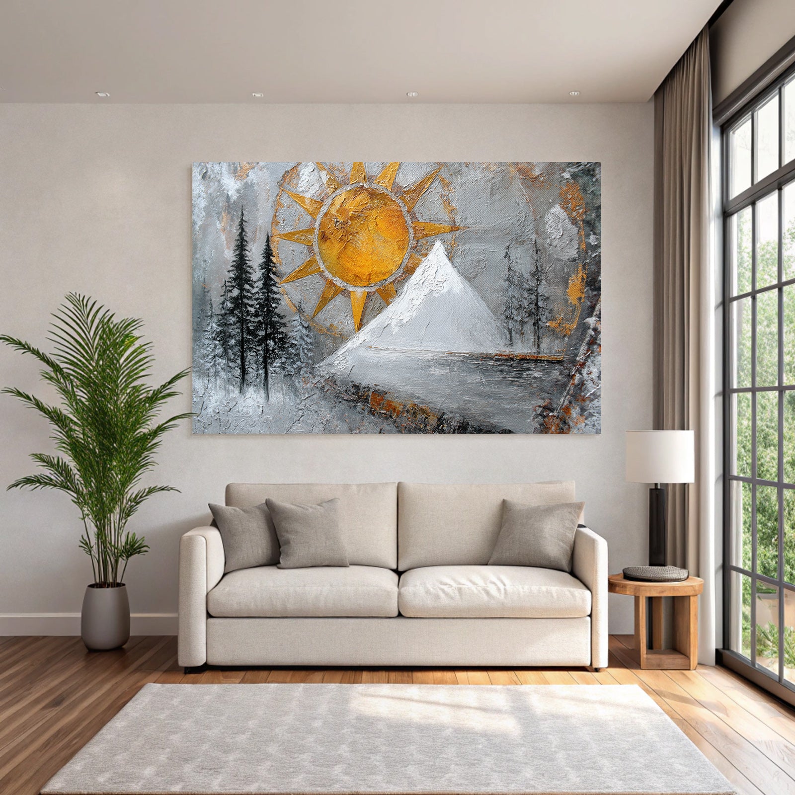 ArtDeco Winterlandschaft Mit Sonnengoldhimmel Dunklen Tannen Und Schneebedecktem Berg