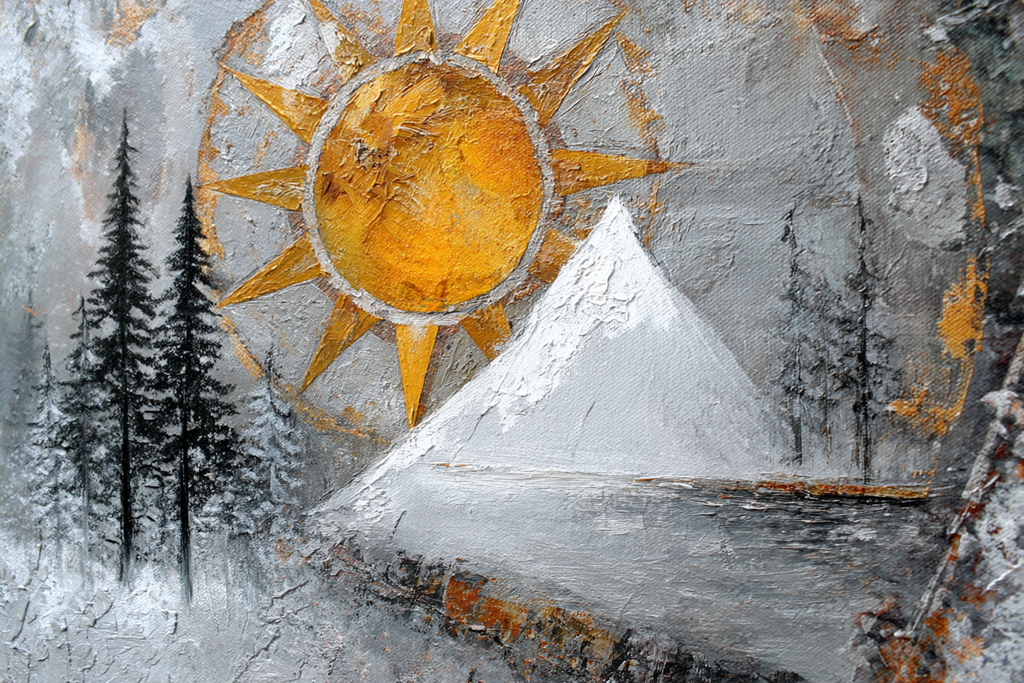 ArtDeco Winterlandschaft Mit Sonnengoldhimmel Dunklen Tannen Und Schneebedecktem Berg | Art Deco | Stilrichtungen