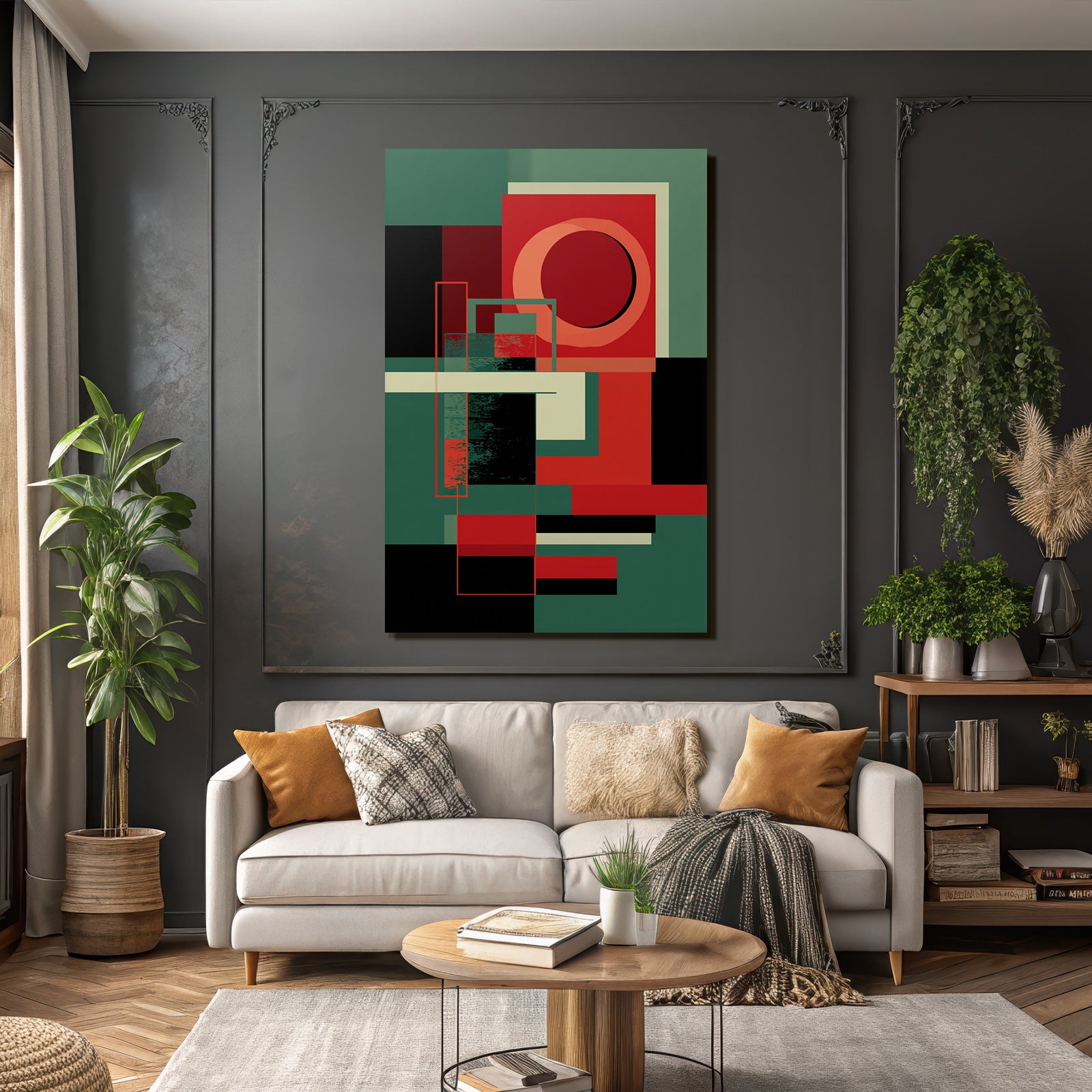 Abstrakte Geometrische Komposition In Rot Grun Schwarz Und Beige