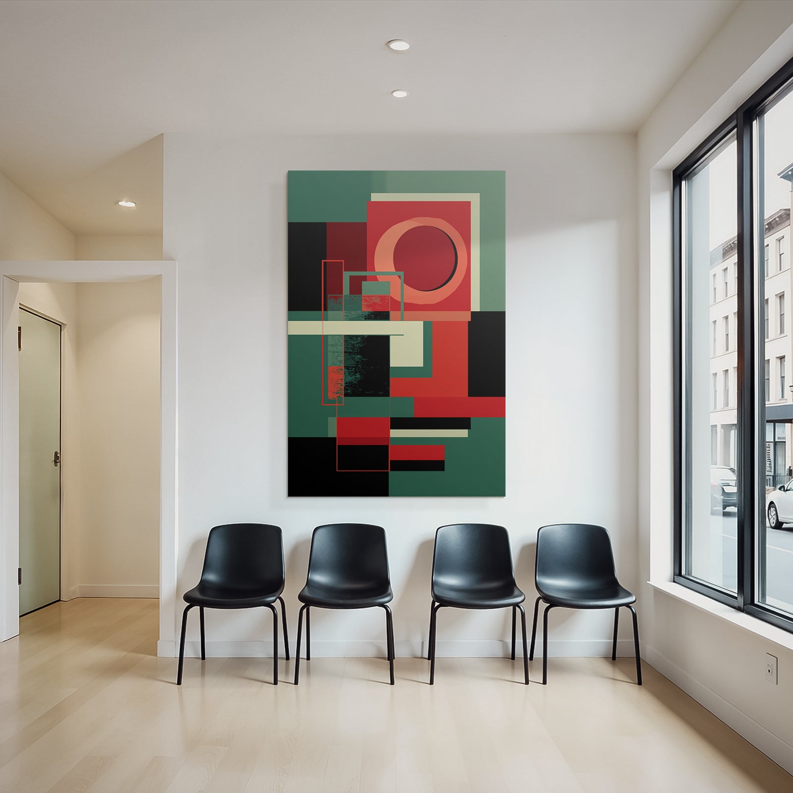 Abstrakte Geometrische Komposition In Rot Grun Schwarz Und Beige