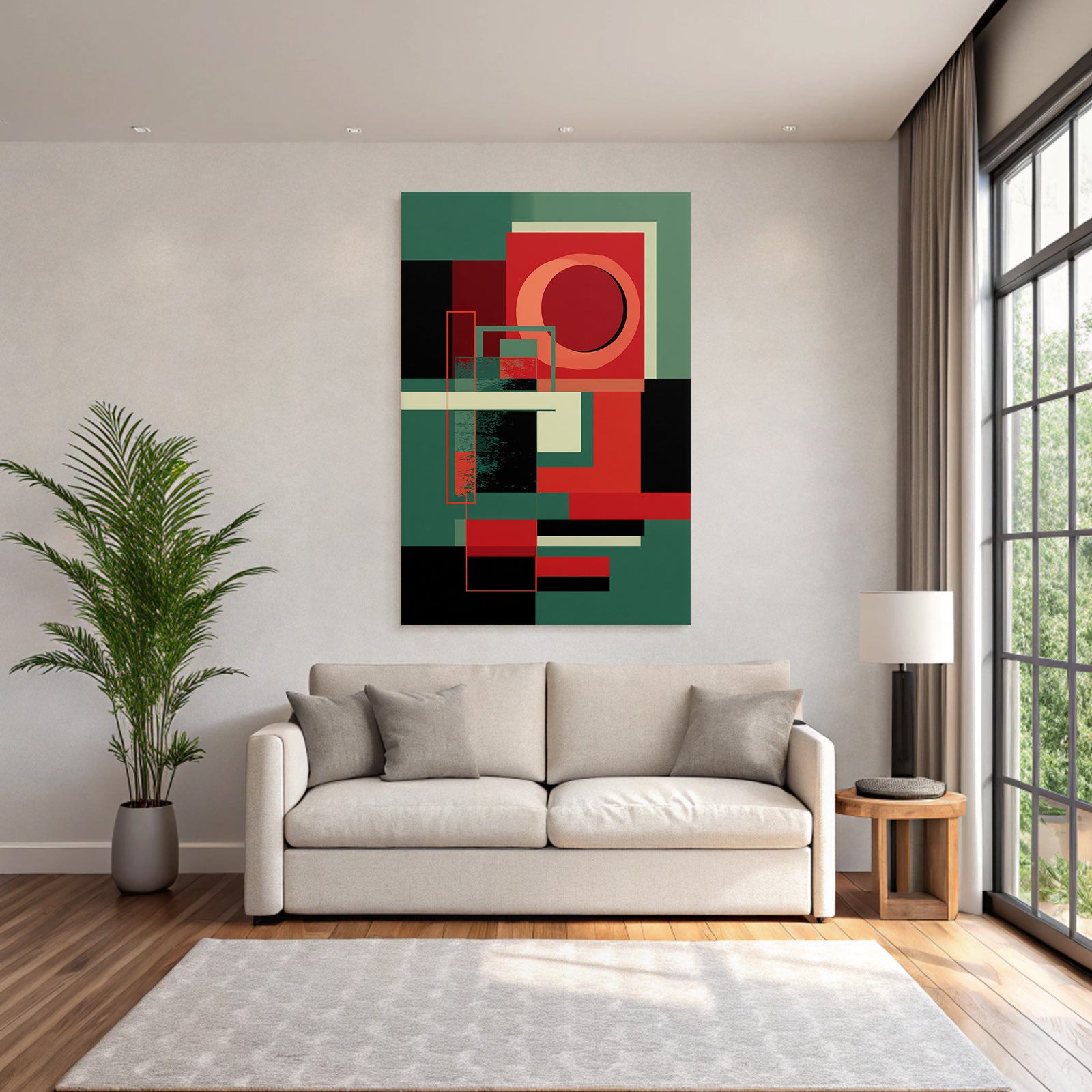 Abstrakte Geometrische Komposition In Rot Grun Schwarz Und Beige