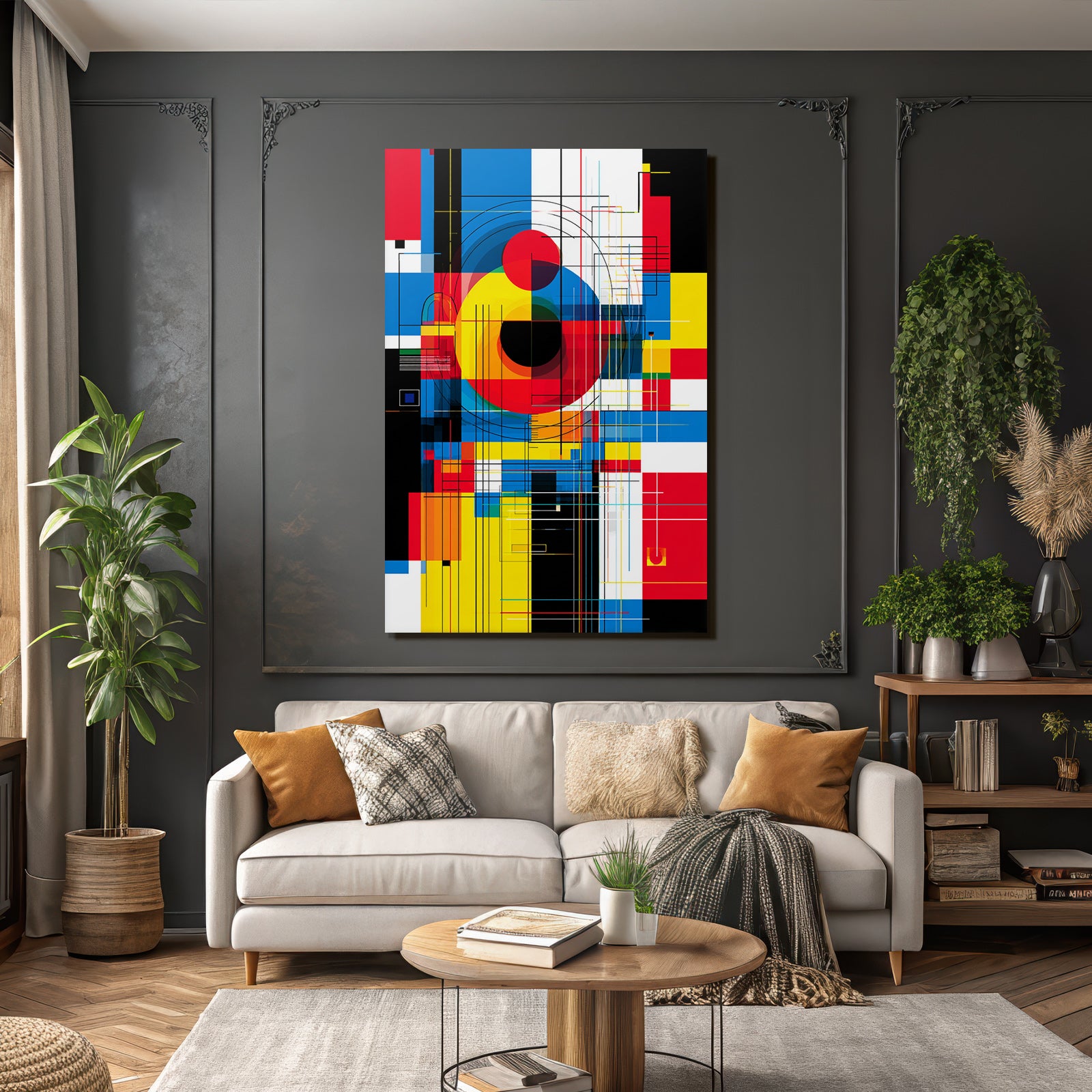 Abstrakte Geometrische Komposition Rot Blau Gelb Schwarz Weiss