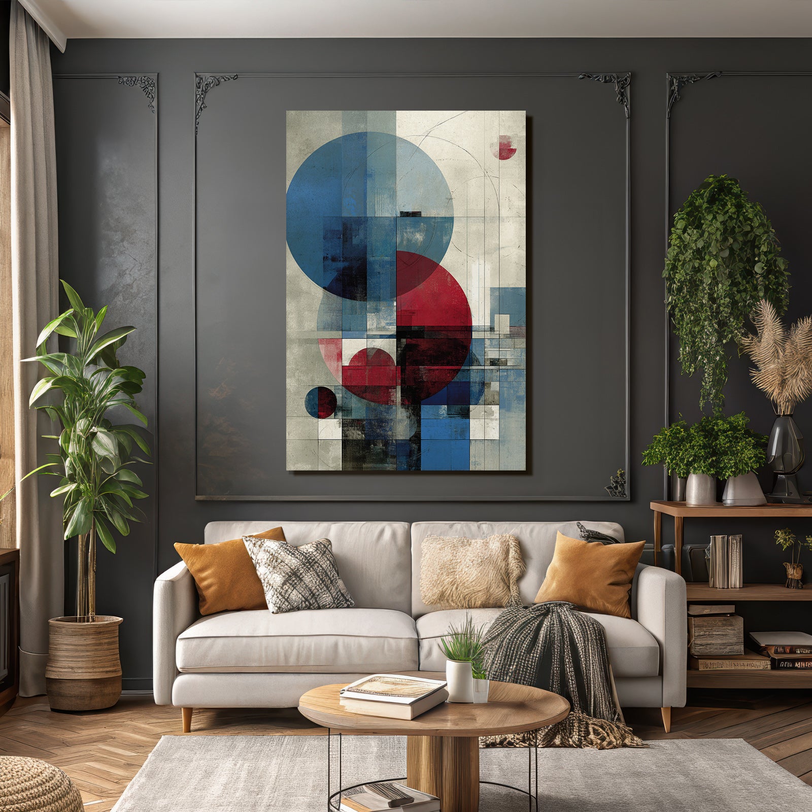 Abstrakte Geometrische Kunst Mit Kreisen Und Rechtecken Blau Rot Schwarz