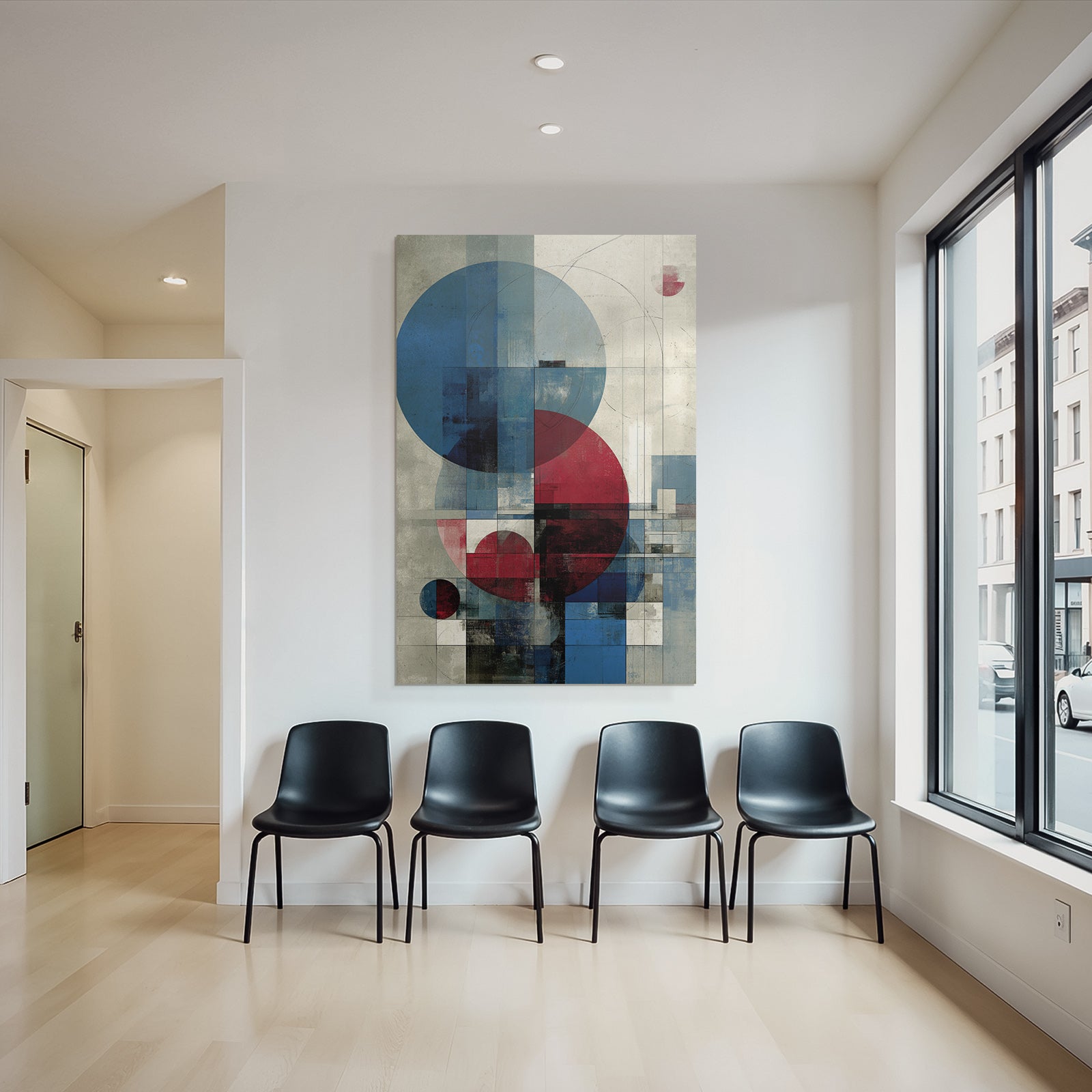 Abstrakte Geometrische Kunst Mit Kreisen Und Rechtecken Blau Rot Schwarz