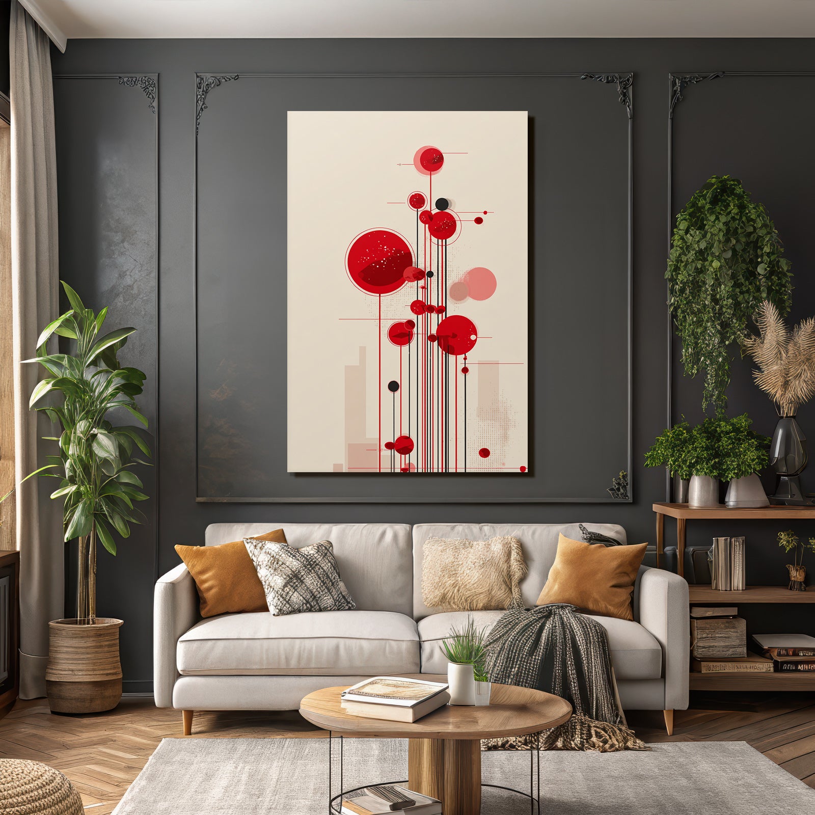 Abstrakte Kreise Mit Linien Und Punkten In Rot Und Schwarz
