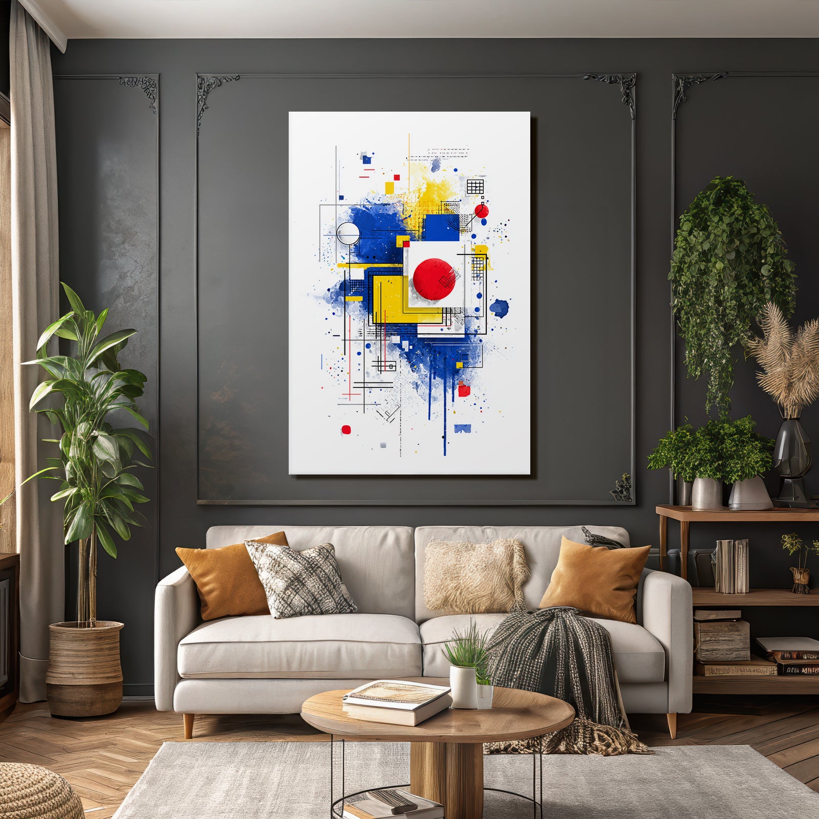 Abstrakte Kunst Mit Geometrischen Formen Und Leuchtenden Farbspritzern