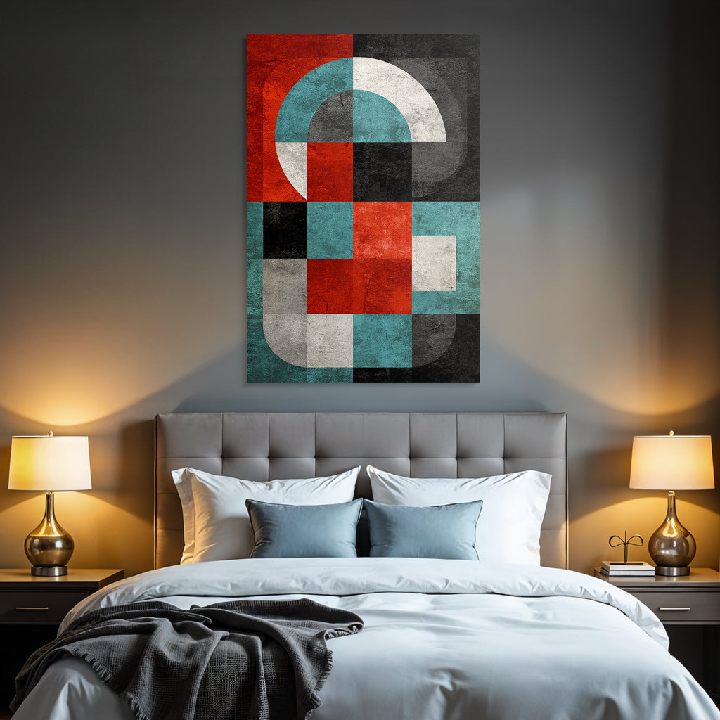 Abstrakte Modernistische Geometrische Komposition Mit Rot Schwarz Weiss Blau Und Grau