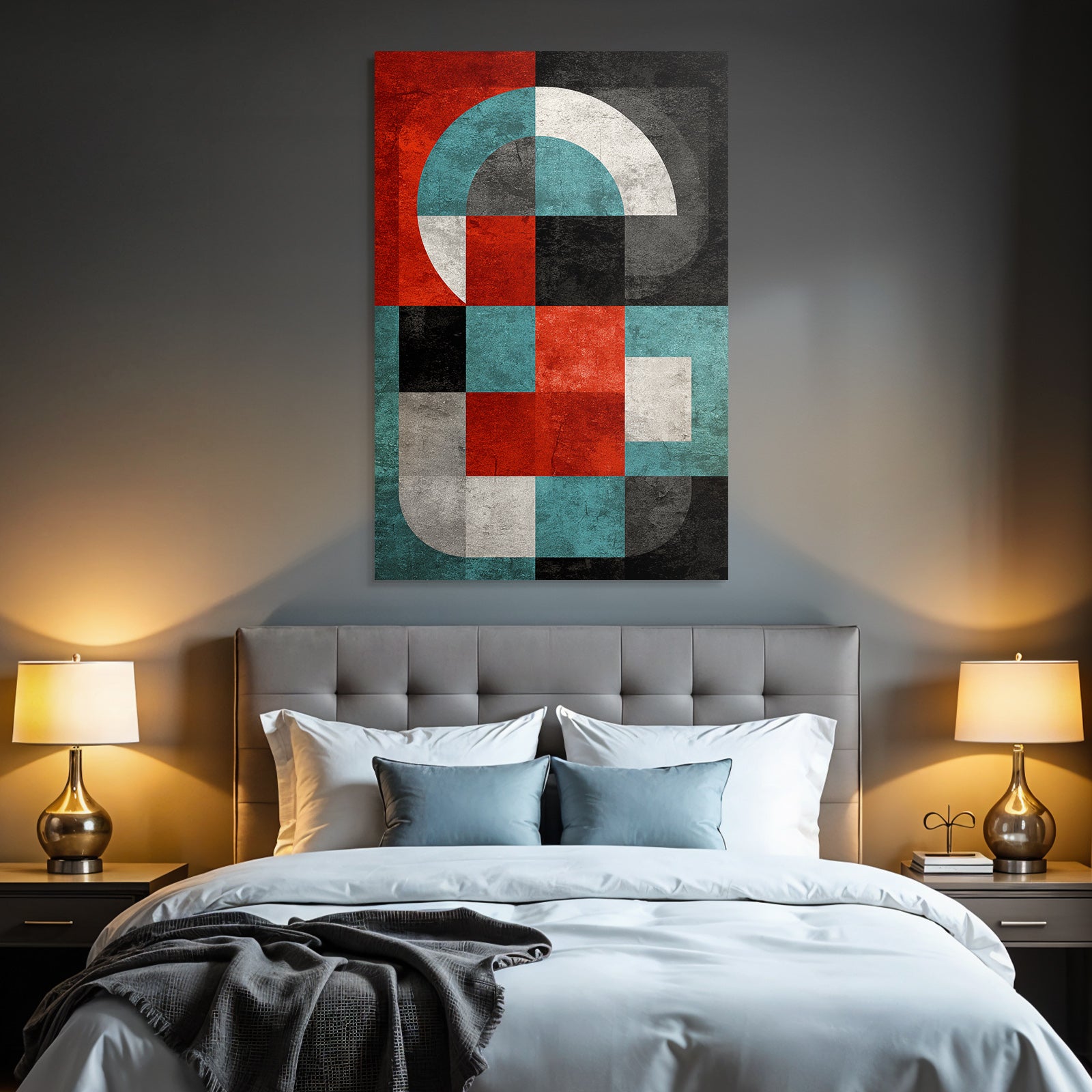 Abstrakte Modernistische Geometrische Komposition Mit Rot Schwarz Weiss Blau Und Grau