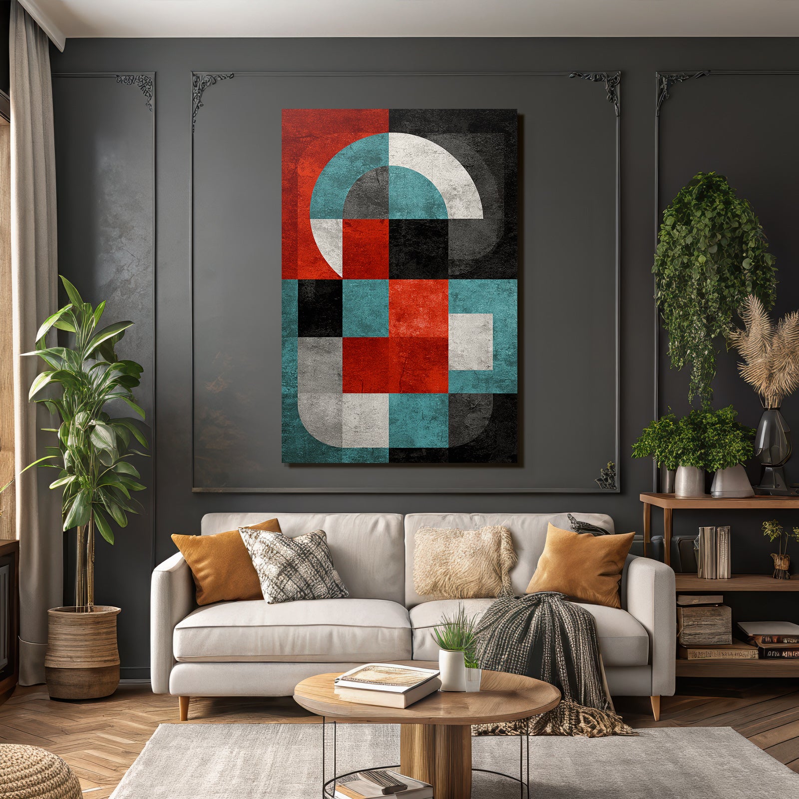 Abstrakte Modernistische Geometrische Komposition Mit Rot Schwarz Weiss Blau Und Grau