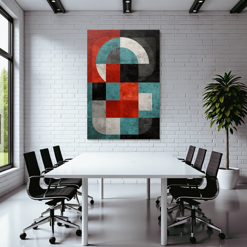 Abstrakte Modernistische Geometrische Komposition Mit Rot Schwarz Weiss Blau Und Grau