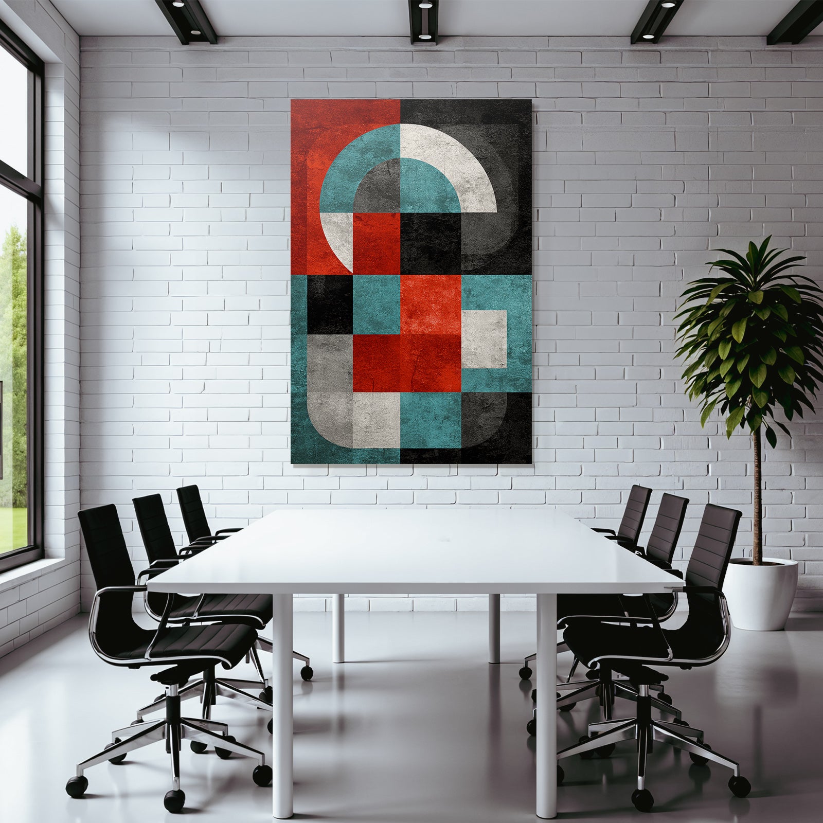 Abstrakte Modernistische Geometrische Komposition Mit Rot Schwarz Weiss Blau Und Grau