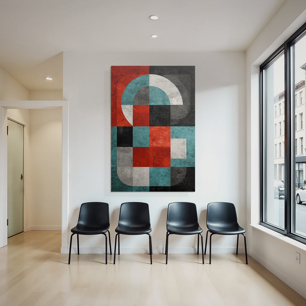 Abstrakte Modernistische Geometrische Komposition Mit Rot Schwarz Weiss Blau Und Grau