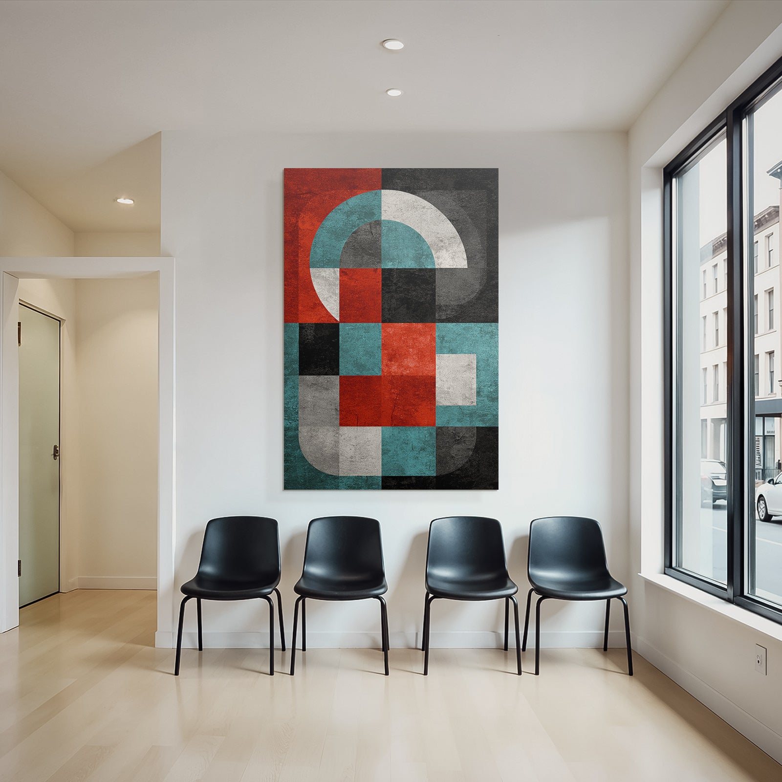 Abstrakte Modernistische Geometrische Komposition Mit Rot Schwarz Weiss Blau Und Grau