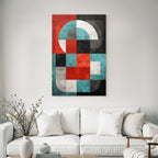 Abstrakte Modernistische Geometrische Komposition Mit Rot Schwarz Weiss Blau Und Grau