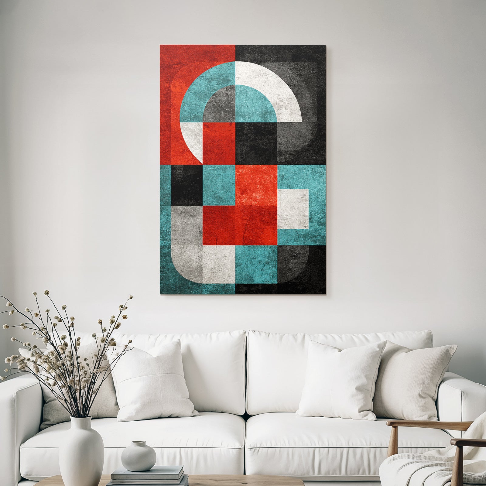 Abstrakte Modernistische Geometrische Komposition Mit Rot Schwarz Weiss Blau Und Grau