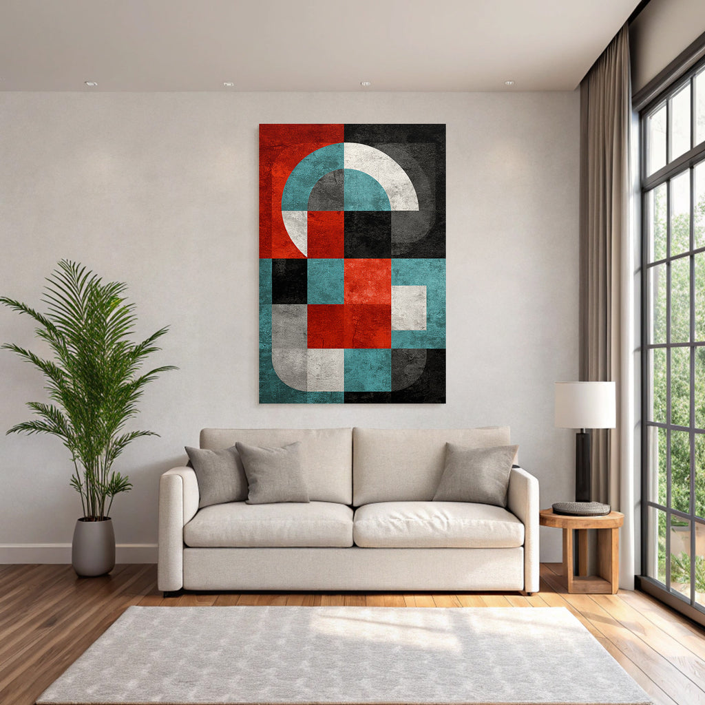 Abstrakte Modernistische Geometrische Komposition Mit Rot Schwarz Weiss Blau Und Grau