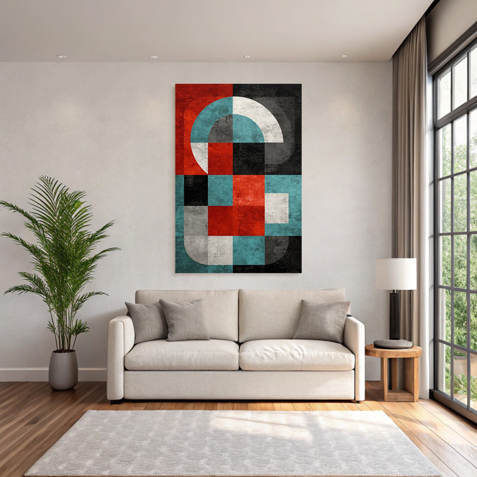 Abstrakte Modernistische Geometrische Komposition Mit Rot Schwarz Weiss Blau Und Grau