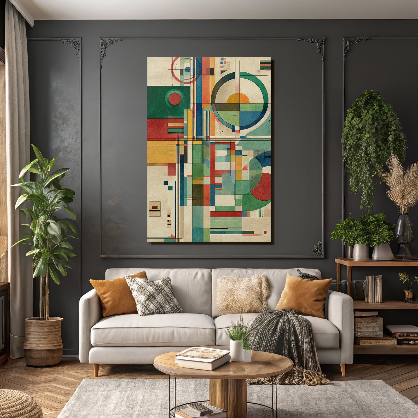 Abstraktes Geometrisches Kunstwerk Mit Kreisen Rechtecken Und Streifen