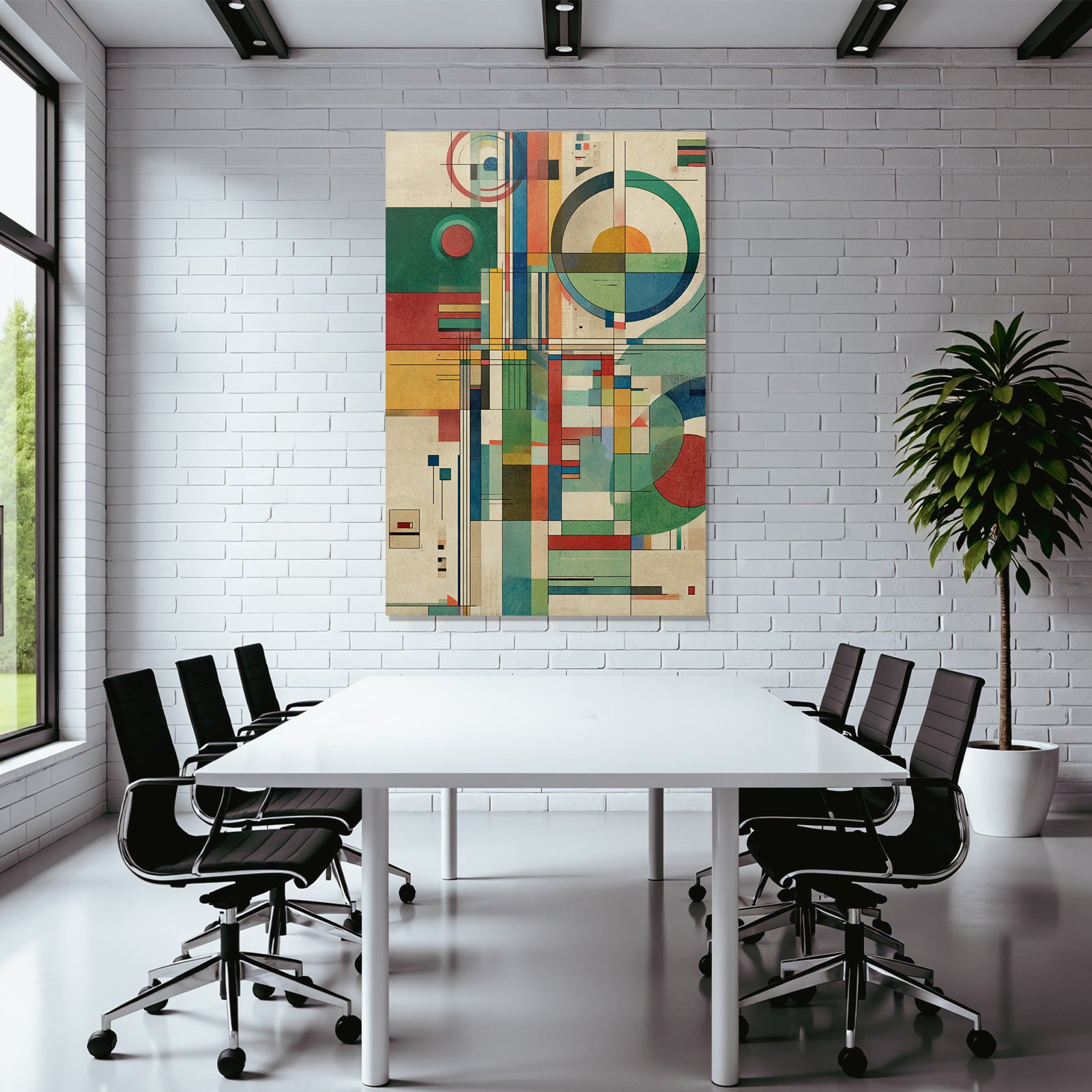 Abstraktes Geometrisches Kunstwerk Mit Kreisen Rechtecken Und Streifen