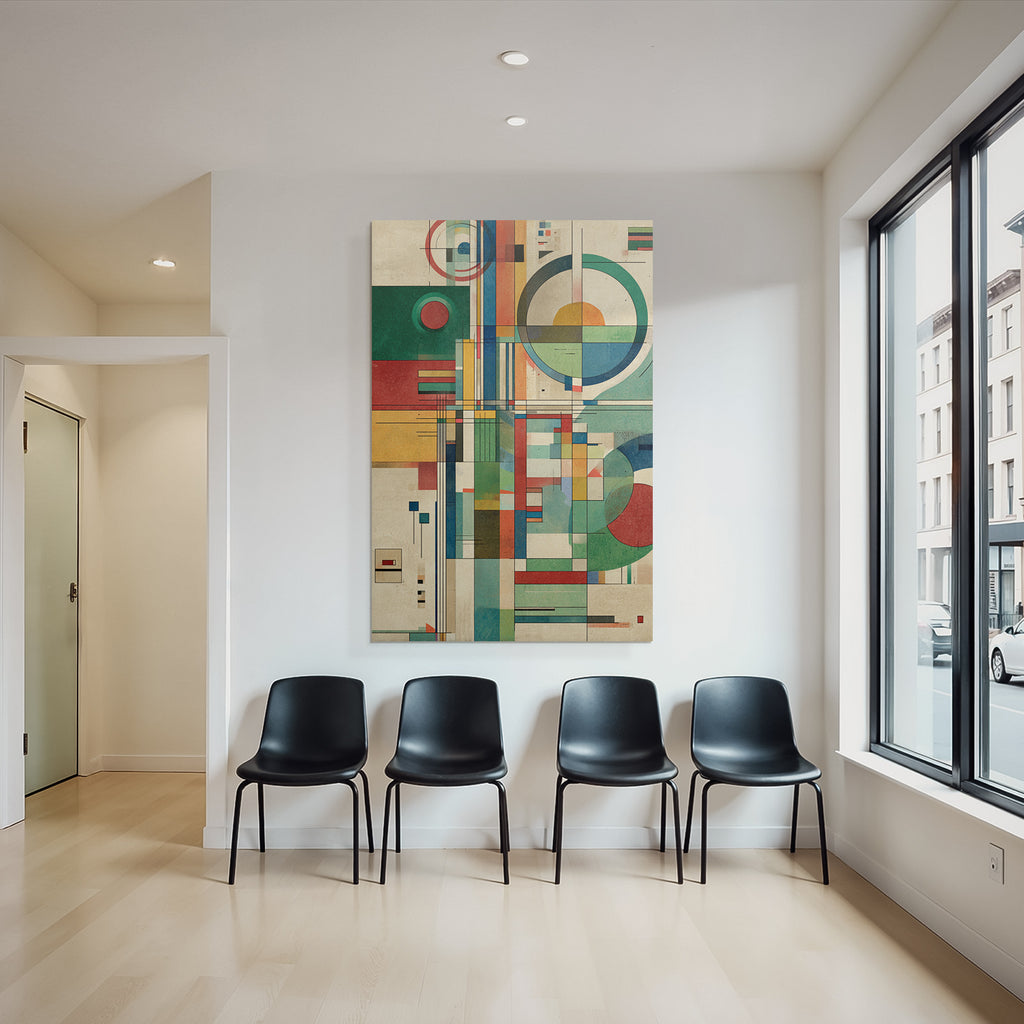 Abstraktes Geometrisches Kunstwerk Mit Kreisen Rechtecken Und Streifen
