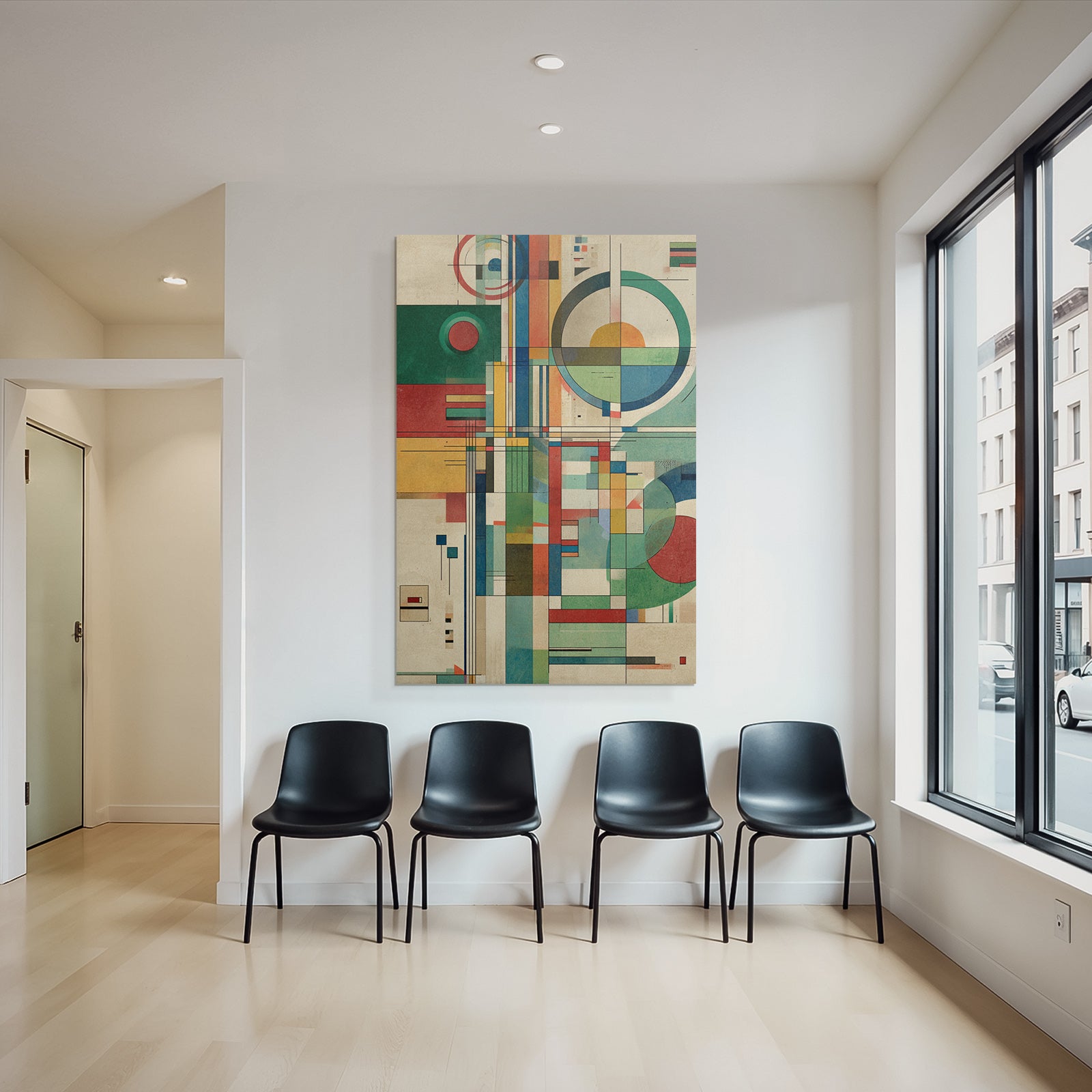 Abstraktes Geometrisches Kunstwerk Mit Kreisen Rechtecken Und Streifen