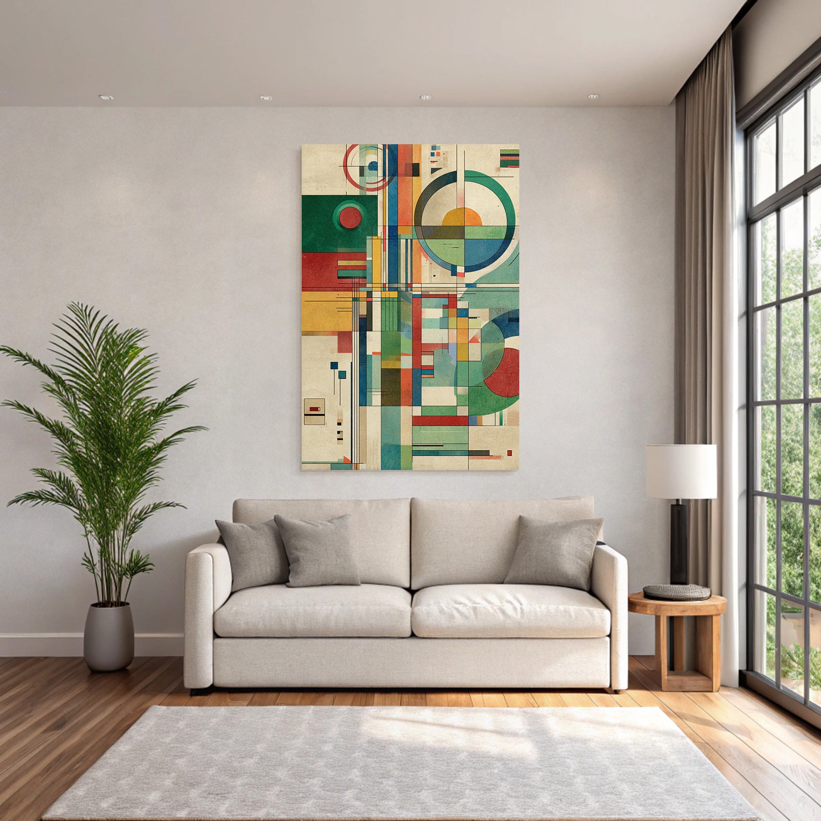 Abstraktes Geometrisches Kunstwerk Mit Kreisen Rechtecken Und Streifen