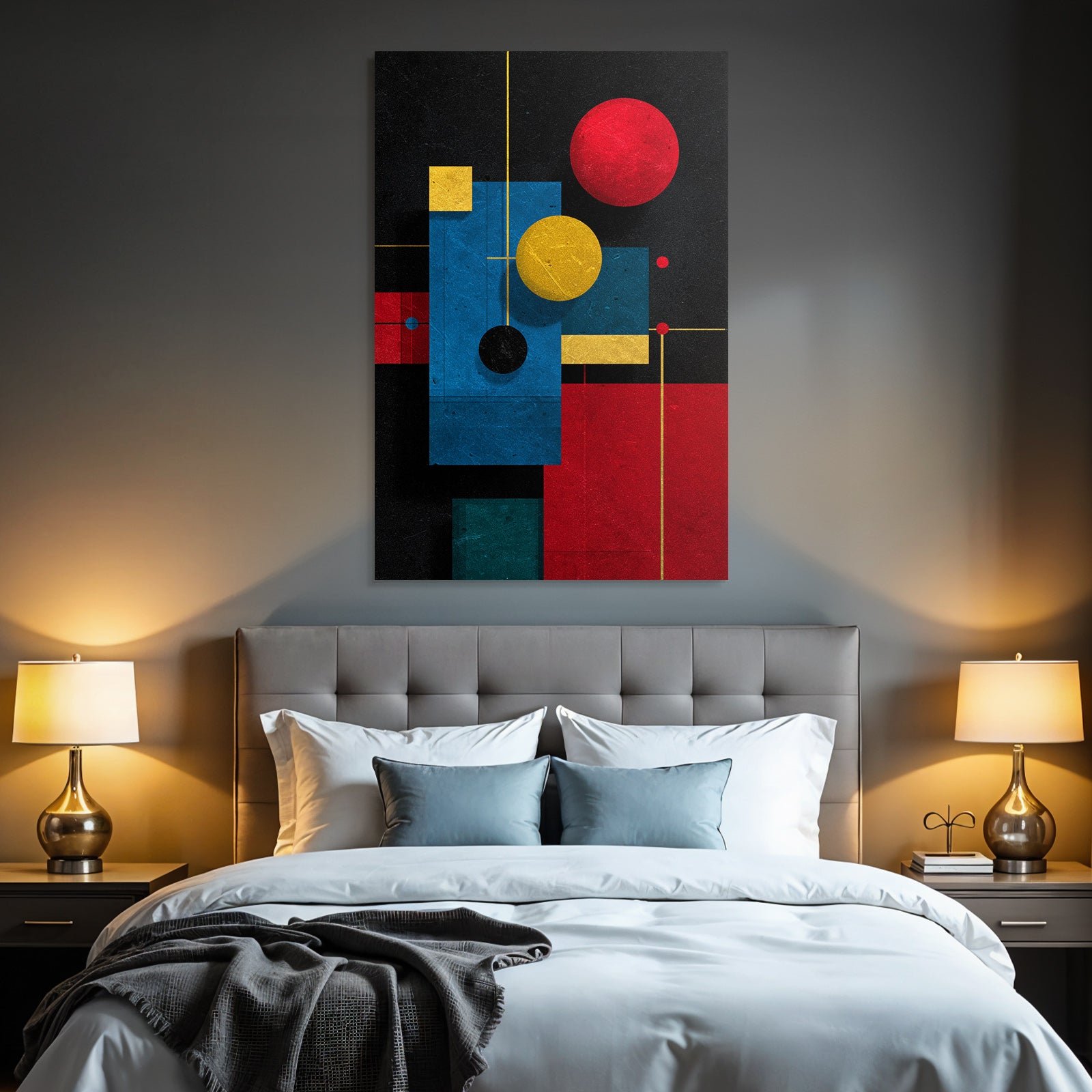 Abstraktes Geometrisches Kunstwerk Mit Kreisen Und Rechtecken In Rot Blau Gelb Und Schwarz