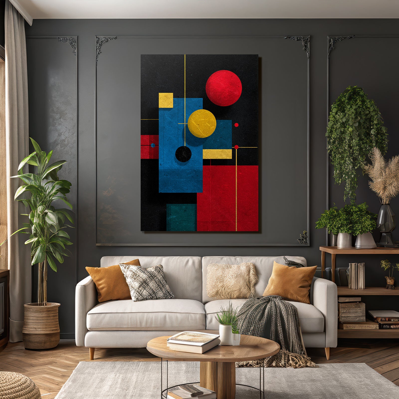 Abstraktes Geometrisches Kunstwerk Mit Kreisen Und Rechtecken In Rot Blau Gelb Und Schwarz