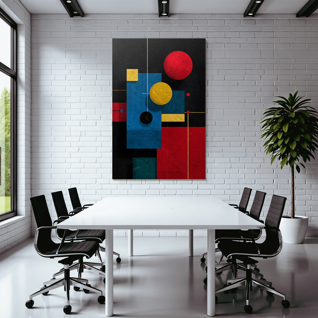 Abstraktes Geometrisches Kunstwerk Mit Kreisen Und Rechtecken In Rot Blau Gelb Und Schwarz