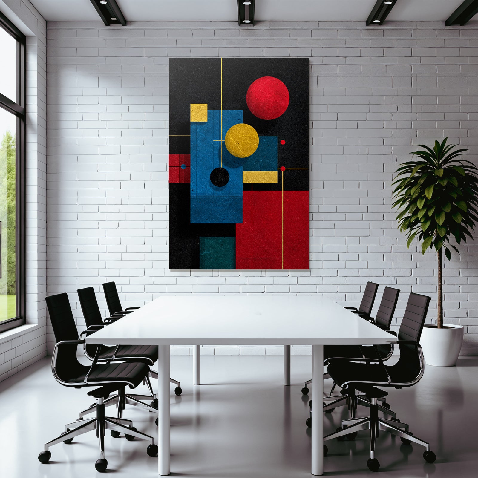 Abstraktes Geometrisches Kunstwerk Mit Kreisen Und Rechtecken In Rot Blau Gelb Und Schwarz