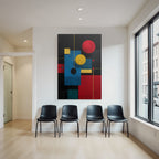 Abstraktes Geometrisches Kunstwerk Mit Kreisen Und Rechtecken In Rot Blau Gelb Und Schwarz