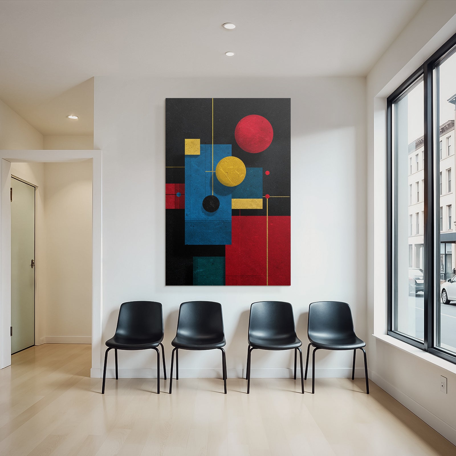 Abstraktes Geometrisches Kunstwerk Mit Kreisen Und Rechtecken In Rot Blau Gelb Und Schwarz