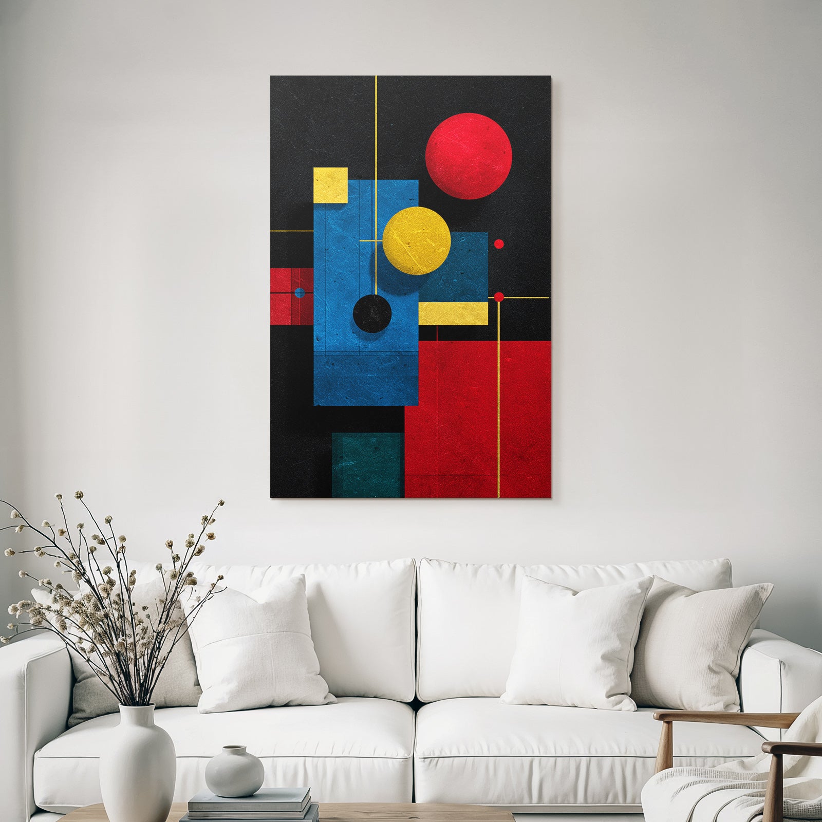 Abstraktes Geometrisches Kunstwerk Mit Kreisen Und Rechtecken In Rot Blau Gelb Und Schwarz