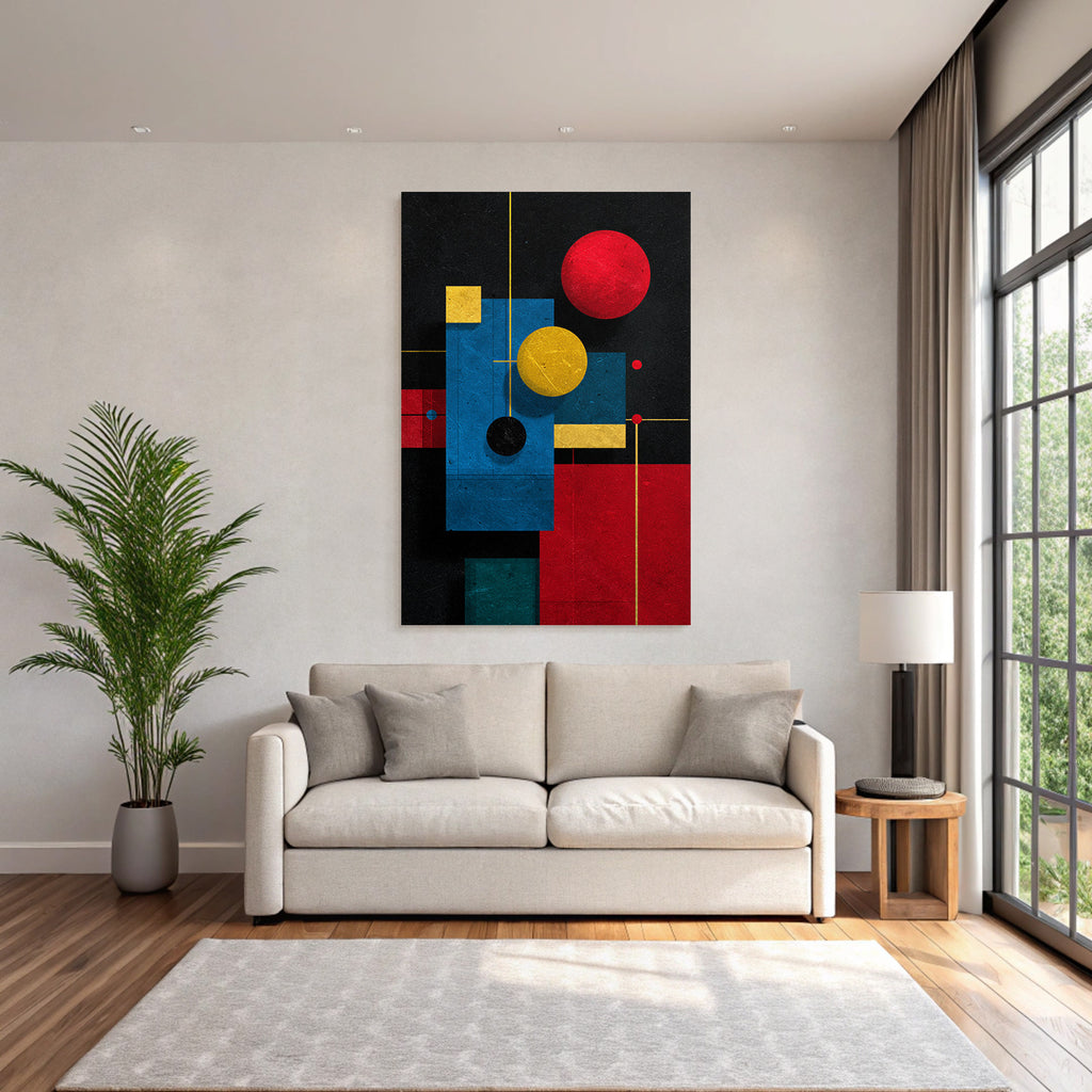 Abstraktes Geometrisches Kunstwerk Mit Kreisen Und Rechtecken In Rot Blau Gelb Und Schwarz