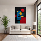 Abstraktes Geometrisches Kunstwerk Mit Kreisen Und Rechtecken In Rot Blau Gelb Und Schwarz