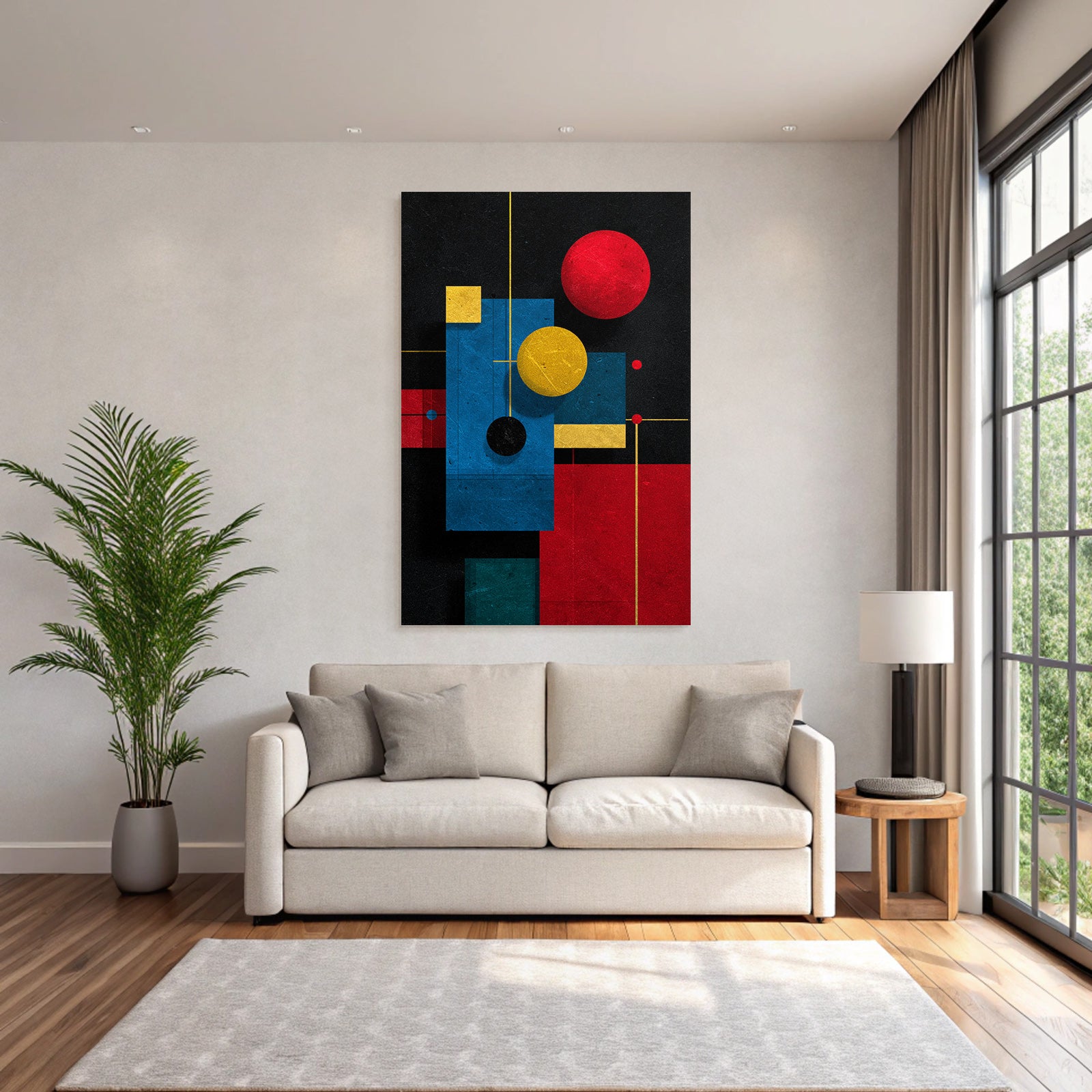 Abstraktes Geometrisches Kunstwerk Mit Kreisen Und Rechtecken In Rot Blau Gelb Und Schwarz