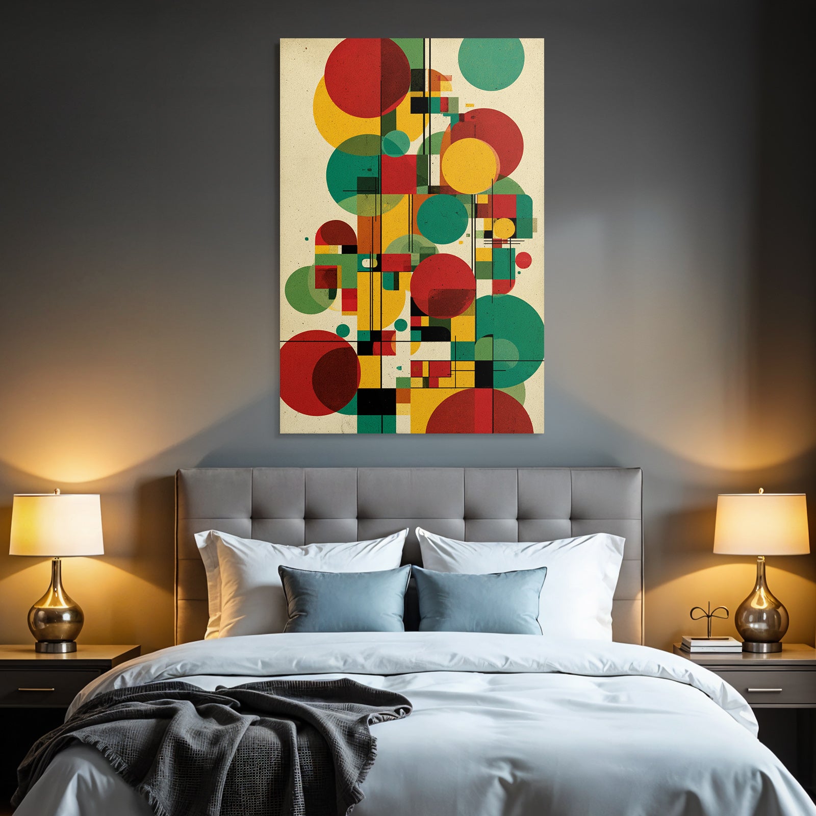Abstraktes Geometrisches Kunstwerk Mit Kreisen Und Vierecken In Rot Grün Gelb