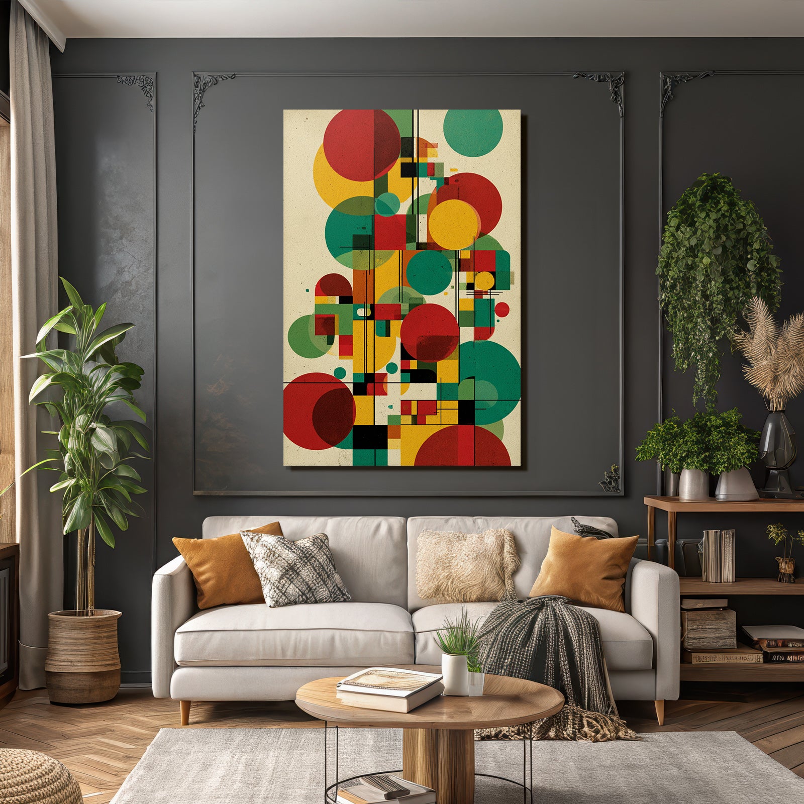 Abstraktes Geometrisches Kunstwerk Mit Kreisen Und Vierecken In Rot Grün Gelb