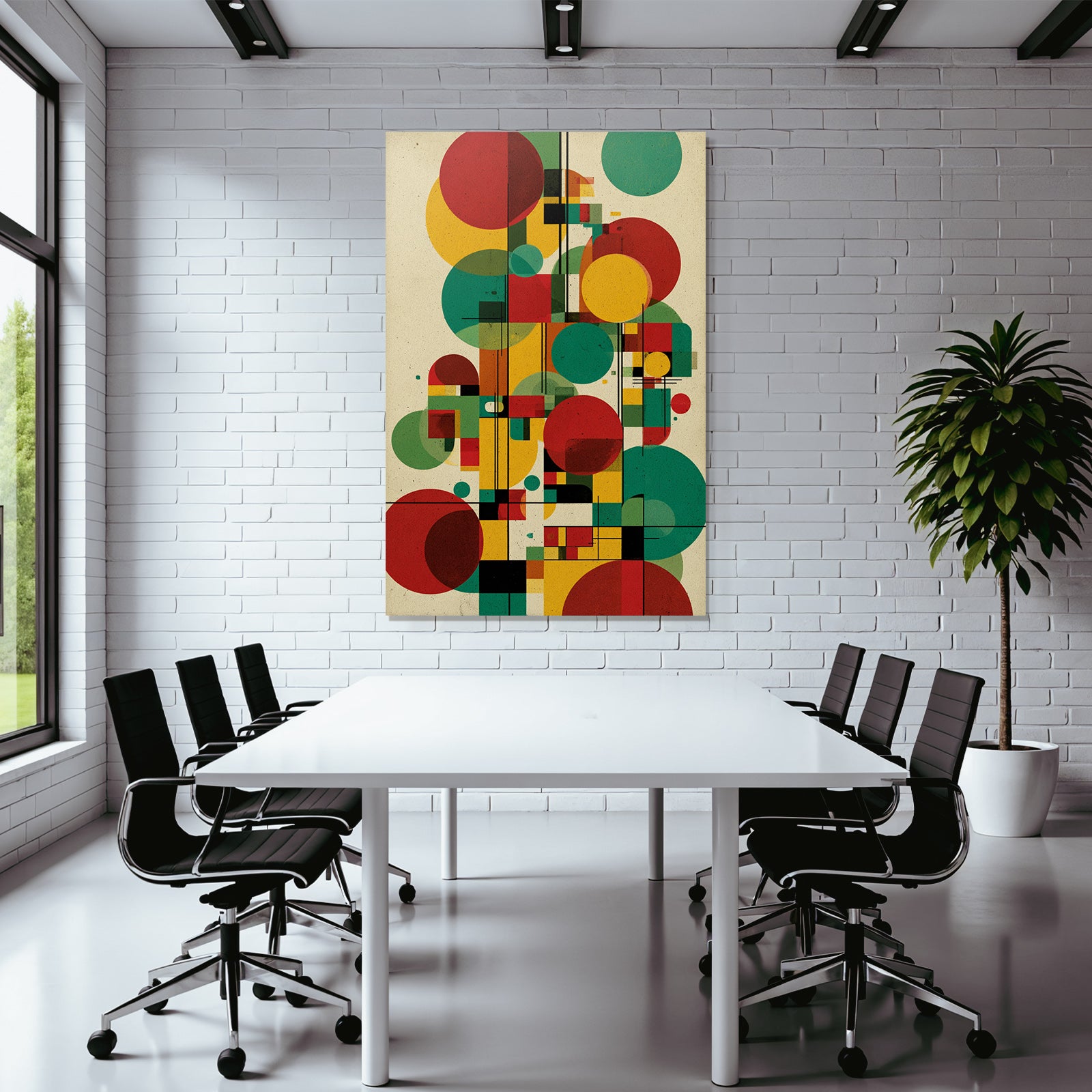Abstraktes Geometrisches Kunstwerk Mit Kreisen Und Vierecken In Rot Grün Gelb