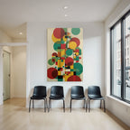 Abstraktes Geometrisches Kunstwerk Mit Kreisen Und Vierecken In Rot Grün Gelb